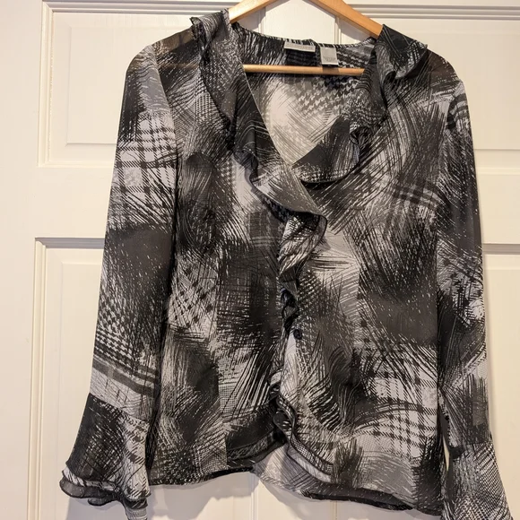 Chico's Sheer Black White Bell Sleeves Size 1 Ruffled Blouse Y2K 90s Artsy - Picture 7 of 9